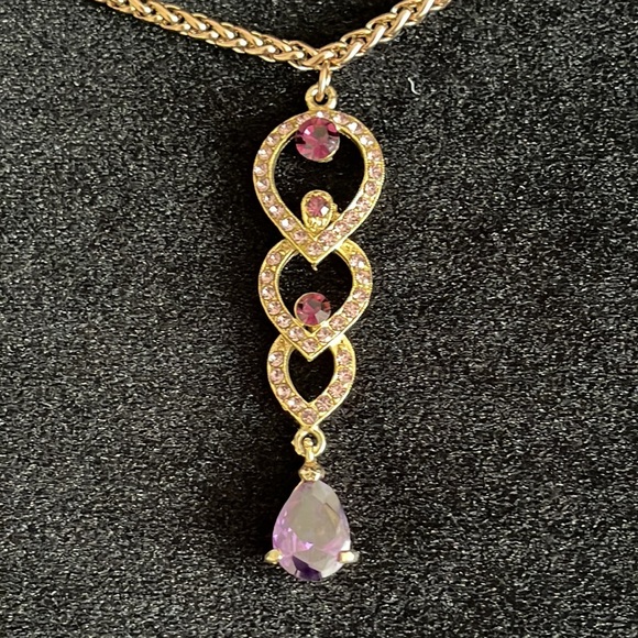 Gold rose amethyst drop tear pendant chain necklace - Picture 5 of 8